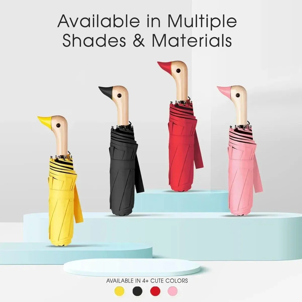 Compact Polyamide Portable Semi-Automatic Duck Head Wooden Handle Folding Umbrella - Black, 12.6 in Folded, 42 in Open, UV Coating Anti-UV/UVB Rain/Sun Parasol PH340, Synthetic, Rainy Day