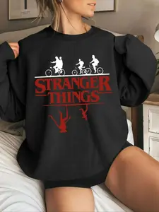Women’s Black Oversized Sweatshirt, Womenswear - Stranger Things Graphic (Upside Down Elements), Casual Everyday Streetwear. Soft Fabric—For Female Enthusiasts