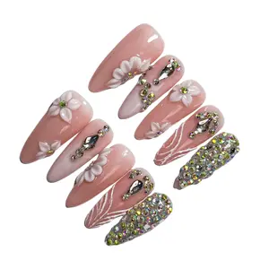NailBee Nude Stiletto Press On Nails with 3D White Flower & AB Rhinestone Crystals, Handmade Reusable False Nails 10Pcs for Women Wedding