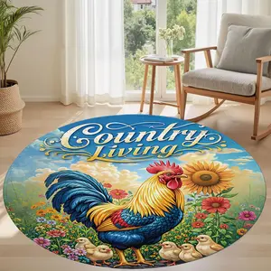Round Rug for Living Room, 4Ft Round Washable Rug, Rural Style Rooster Small Circle Kitchen Area Rugs, Non Slip Circular Rugs, Soft Round Carpet for Bedroom, Office, Kitchen Entryway, Bathroom