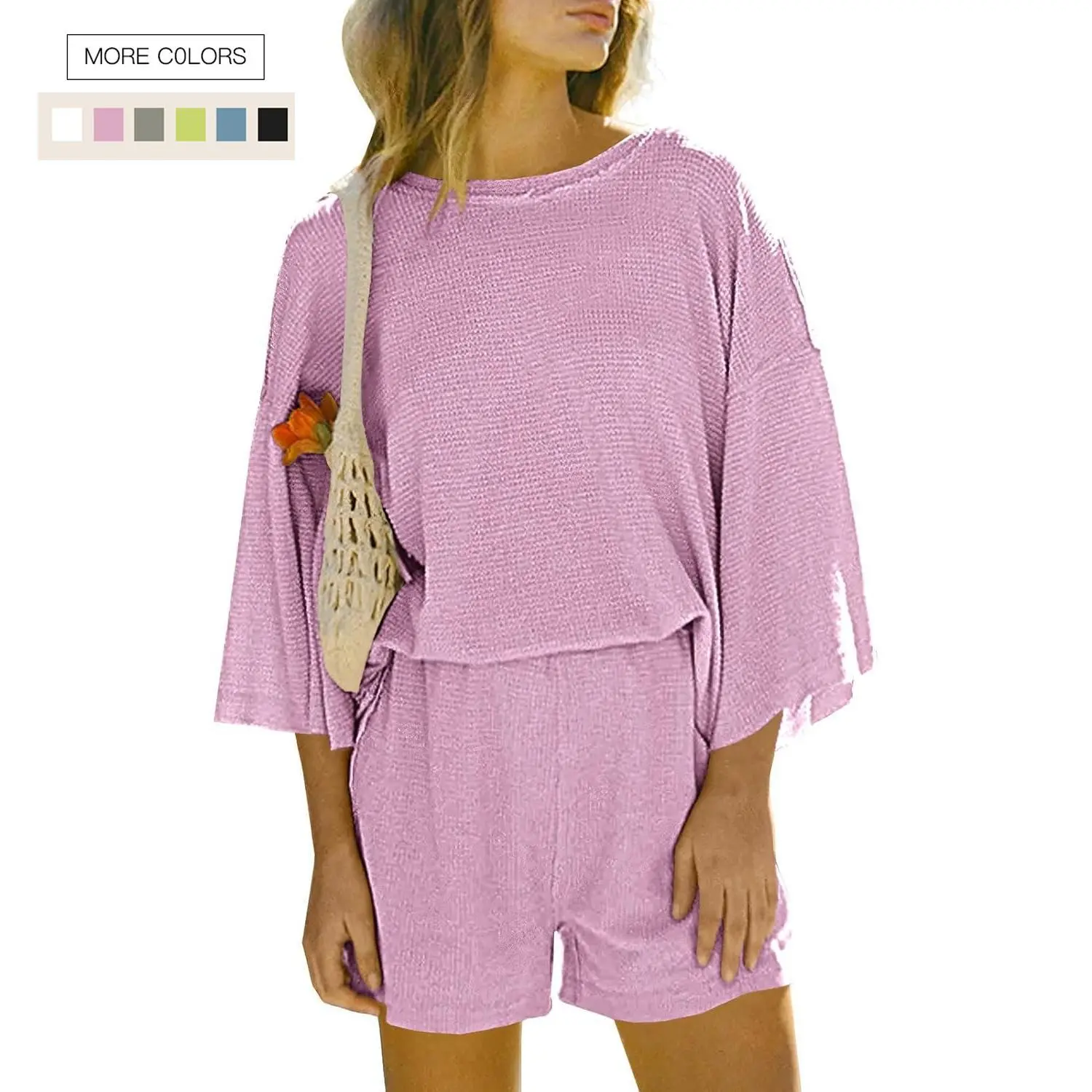 Women's 2-Piece Waffle Knit Comfy Sets, Casual Loungewear with Drop Shoulder 3/4 Sleeve Top and Shorts, Loose Nightwear, Pajama, Loungewear Sets, Soft, 30% Viscose