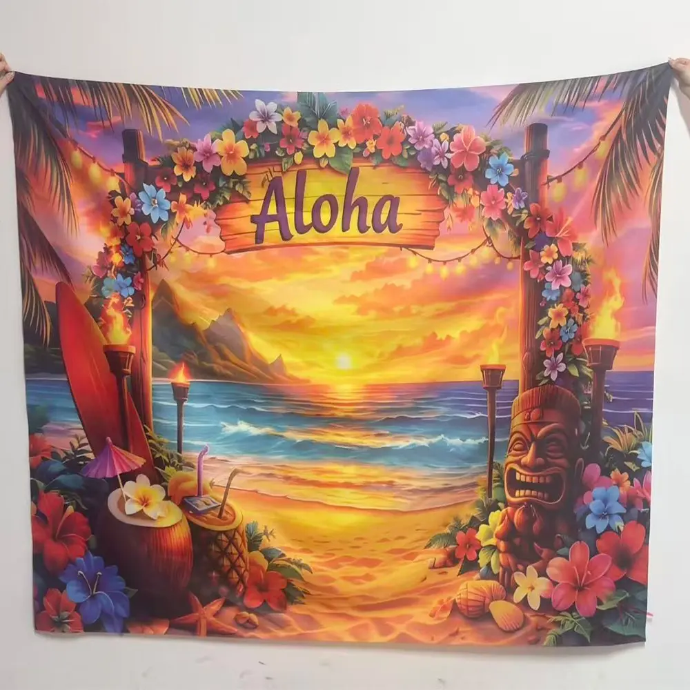 2D Flat 1PC Polyester Hawaiian Aloha Backdrop Sunset Beach Decor for Indoor & Outdoor Tropical Themed Party Vacation Gathering Photoshoot Backdrop Outdoor Party Decoration Available in Multiple Sizes