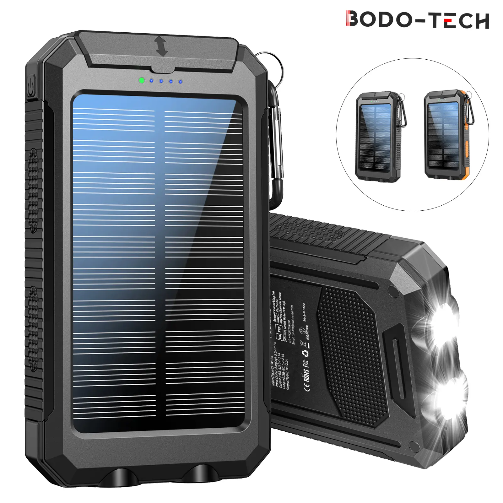 Bodo-Tech 10000mAh Chargeable Solar Power Bank - Waterproof Compact Portable Phone Charger with Carabiner, LED Light, USB-C, Dual USB+A, 3 Ports for Mobile Devices, Electronics Accessories (Camping, Hiking), Compact Portable Charger