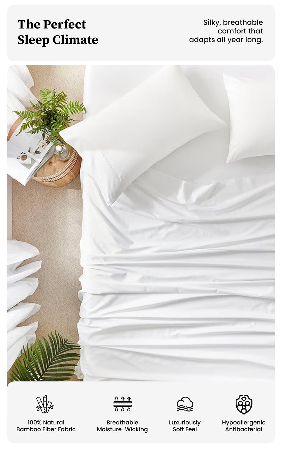 APSMILE Bamboo Sheet Sets 4 Piece , Organically Growth, Silky Soft & Cooling, 4 Piece (1 Fitted Sheet, 1 Flat Sheet and 2 Pillowcases) White Bedding Set with 15" Deep Pocket