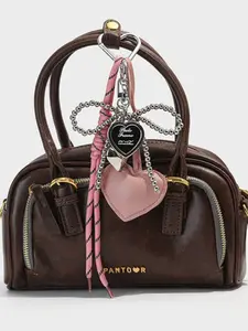 Sweet And Cool Style Girlie Silver Bead Bow Bag Charm, Sparkly Bag Charm, Leather Heart With Personalized Woven Rope Keychain Accessory, Key Pendant Or Bag Decoration, A Fashionable Accessory For Daily Commuting Or Going Out On Dates, Cute Bag Pendant