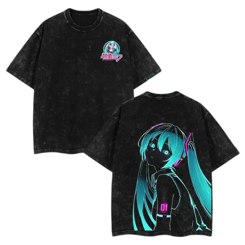 Hatsune Miku Oversized Vintage Washed Graphic Tee | Japanese Anime Streetwear T-Shirt | Kawaii Aesthetic Vocaloid Tops for Festivals & Y2K Casual Wear Fabric Menswear