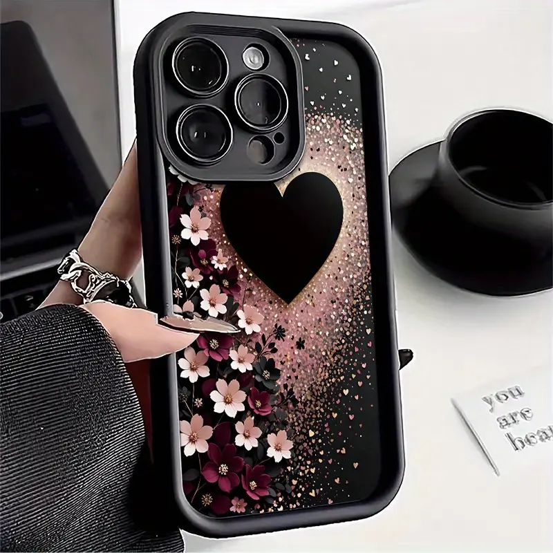 Floral Glitter Heart Design Shockproof TPU Phone Case for iPhone 17 Pro Max 16 Plus 15 14 13 12 11 Air E - UV Printed Durable Soft Protective Cover with Black Background & Pink Flowers, Stylish Phone Protection |   Vibrant Phone Design |   Durable Phone C