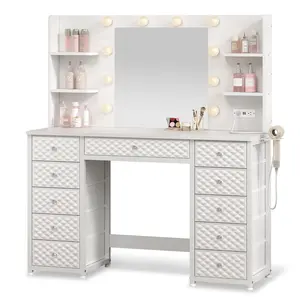 Sikaic Modern Makeup Vanity with 11 Drawers Extra Large Mirror Engineered Wood White Color 45.3D x 15.8W x 52.8H