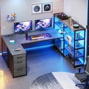 SIKAIC 64.5 Inches Reversible U Shaped LED Gaming Desk Grey with Storage Drawers Open Shelves Dual Monitor Mount RGB Light Durable Home Office Setup