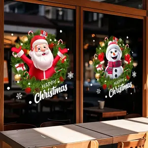 17.72x17.72 Inch Christmas Window Cling, Cartoon Santa & Snowman Glass Decor, Holiday Home Decoration, Durable PVC Sticker Set