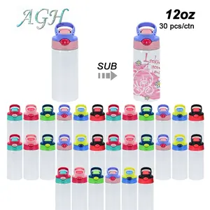 USA 30pcs 12oz Sublimation Blank Kids Water Bottles School Portable Vacuum Flasks with Bounce Sippy Lid DIY Personalize Gift for Children