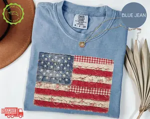 Comfort Colors Vintage American Flag Shirt, Patchwork USA Tee, Patriotic Graphic Shirt, Fourth of July Shirt, USA Flag Tees, American Flag