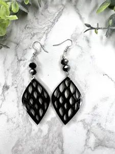 Black and Silver Beaded Almond Shaped Lattice Earrings
