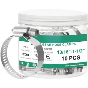 10 count Hose Clamps Stainless Steel Adjustable 13/16"- 1-1/2"(21-38mm) Worm Gear Hose Clamp Kit,Small Metal Hose Clamps Set for Automotive,Plumbing,Intercooler,Pipe, Line Radiator Clamps