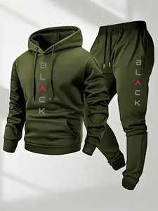 Men's Complete Outfit - Stylish Hooded Sweatshirt & Joggers Set with BLACK Print Gray Casual Streetwear Long Pants Matching Hoodie Perfect for Fall Winter Cozy Clothing Sporty Look Non Stretch Fabric