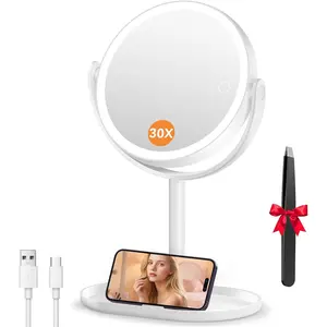 Makeup Mirror with Lights, Double Sided 30X/1X Magnifying Mirror, 3 Color Stepless Dimmable Mirrors with Touch Screen, Rechargeable 360° Free Standing Vanity Mirrors for Bathroom, Bedroom