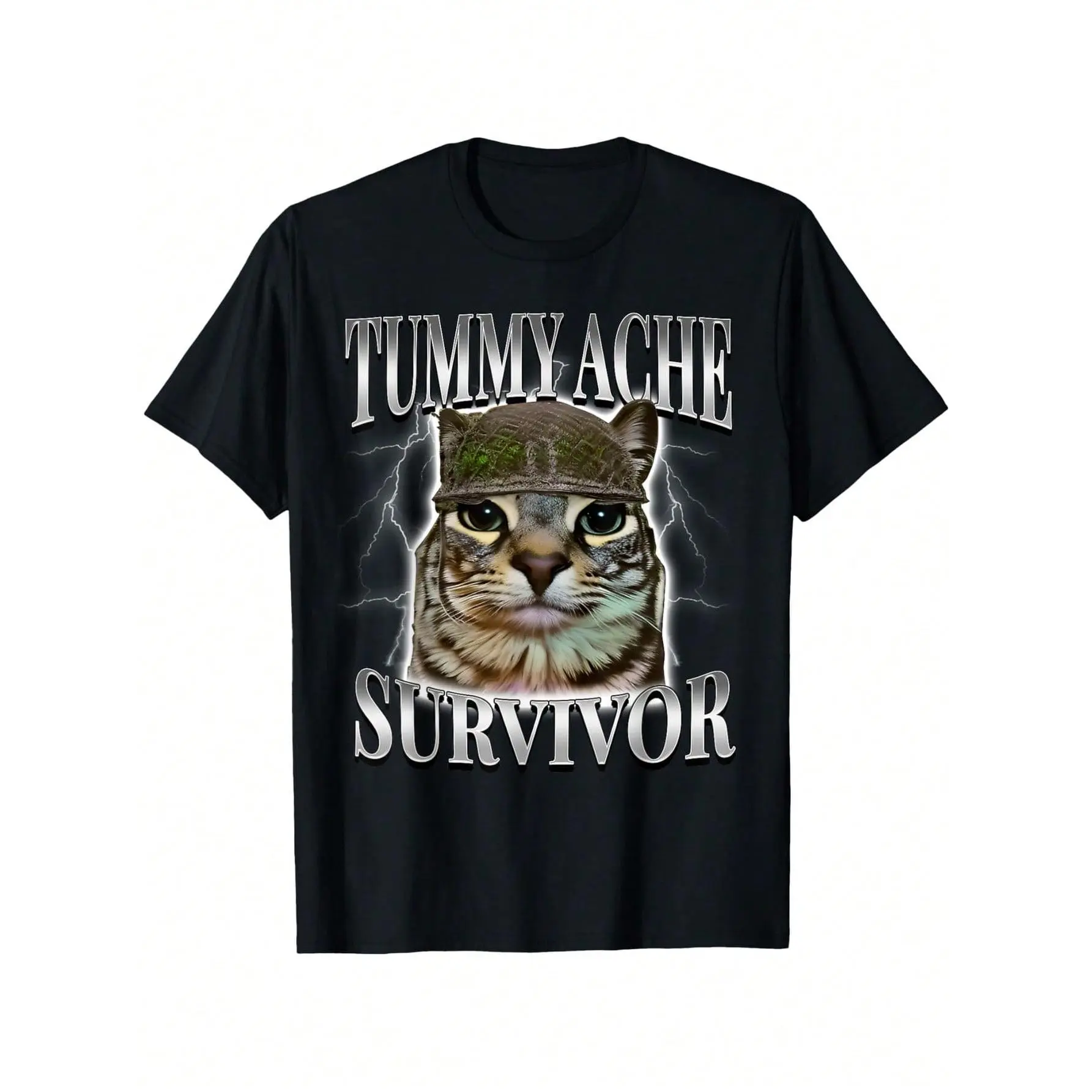 Men's Funny "Tummy Ache Survivor Cat" Meme Graphic T-Shirt, Oversized 100% Cotton Streetwear Tee, Breathable Short-Sleeve Top for Casual Wear, Tshirt, Graphic Shirts, Fashion