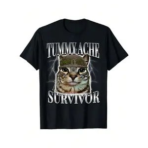 Men's 100% Cotton Oversized "Tummy Ache Survivor Cat" Meme Graphic T-Shirt, Breathable Round Neck Short-Sleeve Casual Streetwear Tee, Shortsleeve