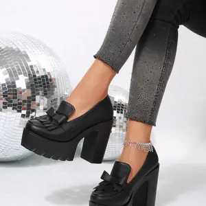 Women's High Heel Brocade Shoes, Elegant Deep Mouth Single Shoe Style, Soft Leather Waterproof Loafers, New Thick Sole Design, Slip On Pumps