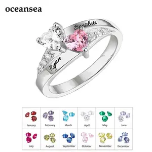 Personalized 1-8 Birthstone Rings Custom Engraved Name Ring Customized Promise Heart Birthstone Ring Gifts for Family Women