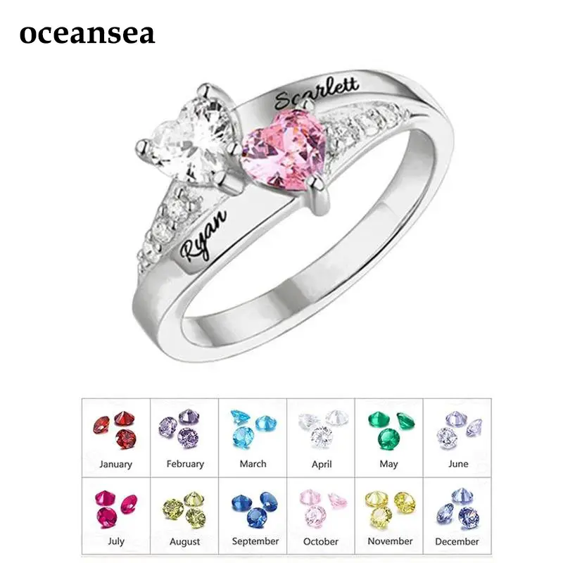 Personalized 1-8 Birthstone Rings Custom Engraved Name Ring Customized Promise Heart Birthstone Ring Gifts for Family Women