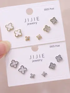 3 Pairs Four-Leaf Clover Earrings Set, S925 Silver Needle, 14k Gold Plated Shell & Oxidized Zirconia, Daily Wear Jewelry