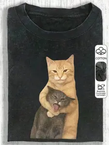 B-Cute Cat Hug Graphic Washed Black T-Shirt, Funny Pet Lover Cotton Tee, Vintage Style Short Sleeve Crew Neck Shirt, Casual Oversized Graphic Top for Women Men, Soft Breathable Lightweight Streetwear Gift for Cat Moms and Animal Lovers