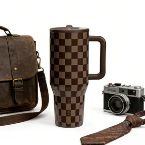 HydroJug 40oz Brown Checkered Handle Tumbler - Retro Premium Style, Portable & Large Capacity Leak-Proof for Car & Office Use funny dad gift