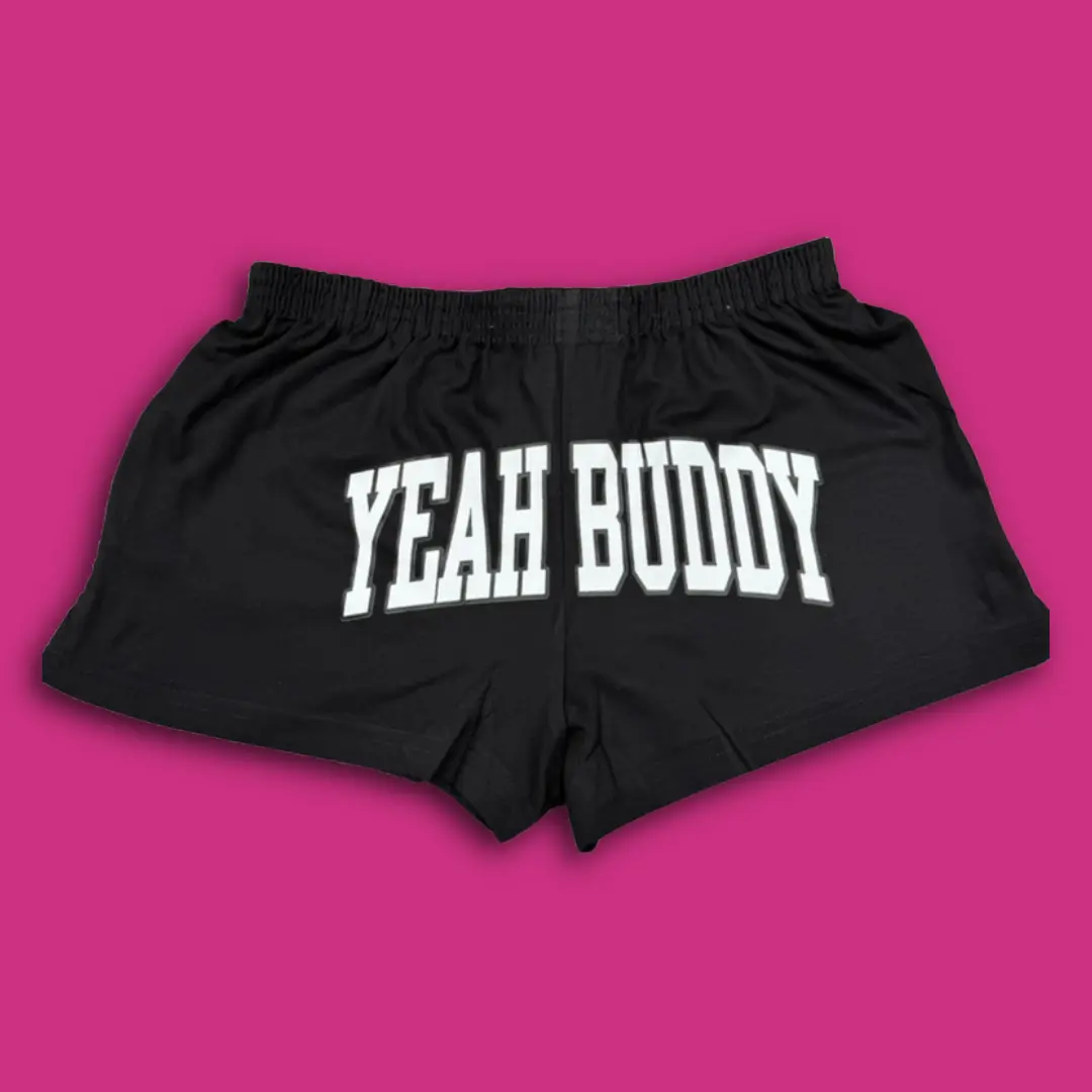 Shore Store Women's Funny Boy Shorts - Cheeky Cut "Cabs Are Here" Black Cotton Bottoms with Checkered Stripe Graphic, Black Shorts, Varsity, Checkered Shorts