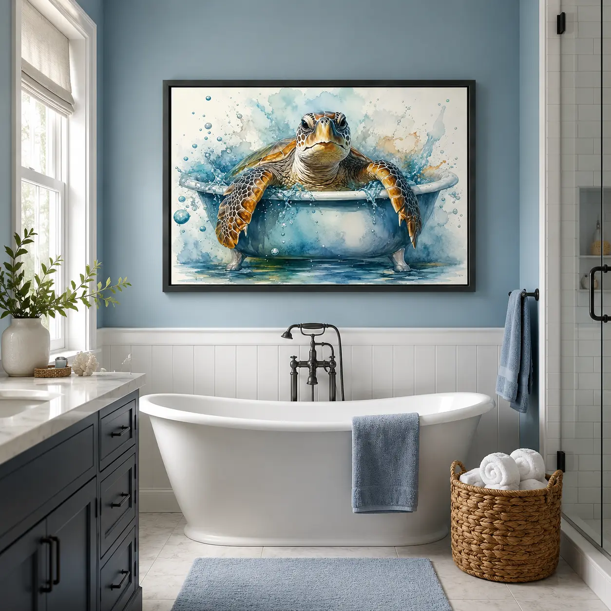 2D Flat, 1pc Marine-Themed Canvas Artwork Featuring a Creative Turtle in a Bathtub Design, This Fun And Whimsical Wall Decoration Is Ideal for Enhancing The Decor of a Living Room, Bathroom, Or Room