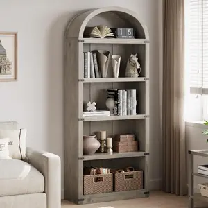 Bookcase with Doors Arched Bookshelf 71.65in Tall Bookcase Farmhouse Cabinet with Shelves Wooden Bookshelves for Home Office, Living Room