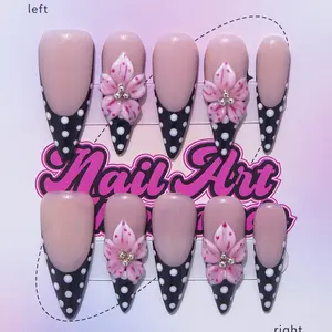 Delicatething Acrylic Nails Set, Y2K Style Long Sharp Tips, Handmade Nail Art with Polka Dots & French Design, Perfect Gift for Women, Nail Extension Diy
