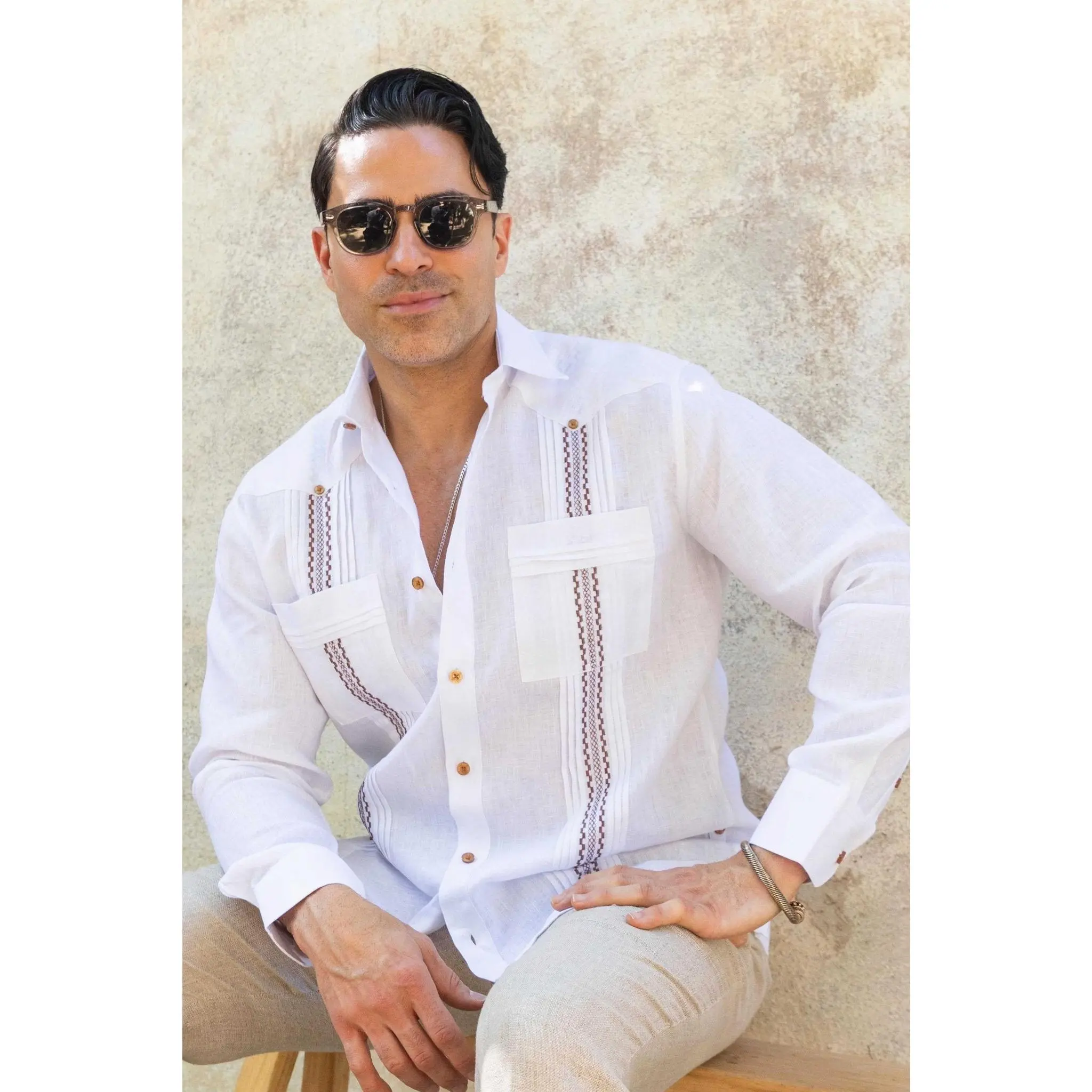 100% Linen Embroidery Trimmed Guayabera Long Sleeve
