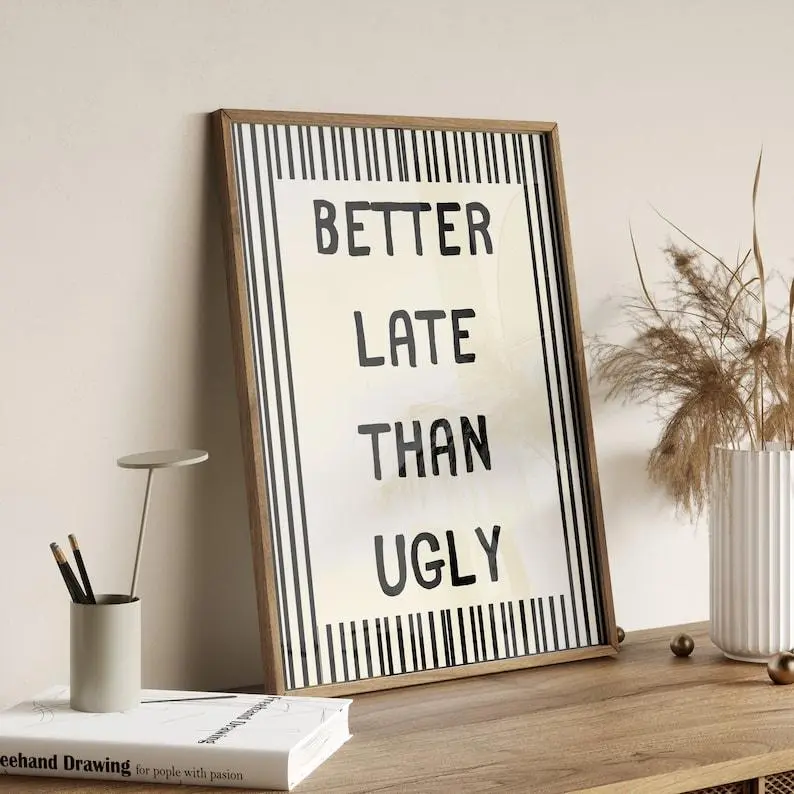 "Better Late Than Ugly" Artistic Framed Plaid Poster - Unframe-Style Option, Waterproof PVC Tube, Girly Makeup Print, Preppy Room Decor, Protective Box Included Home Supplies Wall Art