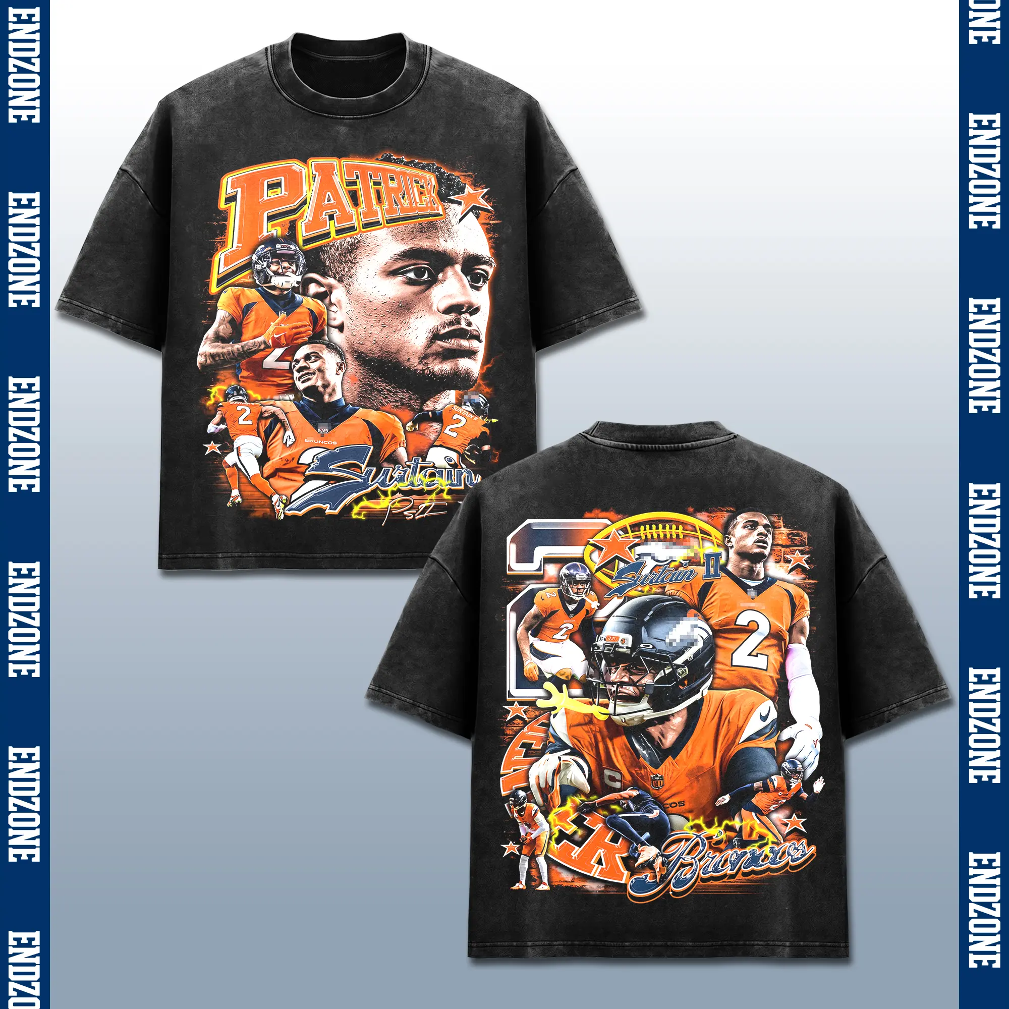 [Endzone] Patrick Surtain II PS2 2 T-Shirt, Lockdown CB Graphic Tee, Mile High Football Fan Merch, Orange Crush Sports Apparel, Retro 90s Bootleg Game Day Shirt, Pro Football Season Gift, Men Women Heavyweight Oversized Black Acid Wash Vintage Clothing