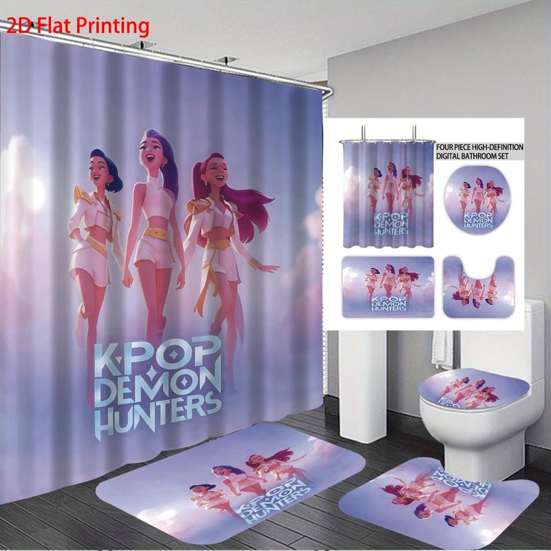 K-Pop Demon Hunters Bathroom Set, Shower Curtain with Hooks, Non-Slip Bath Rug, U-Shaped Toilet Mat, Toilet Lid Cover, Bathroom Decoration Accessories