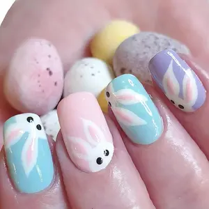 Easter Press on Nails Short Square Fake Nails Colorful False Nails with Cute Bunny Designs Easter Glossy Acrylic Nails Full Cover Stick on Nails for Women and Girls Easter Manicure 24Pcs