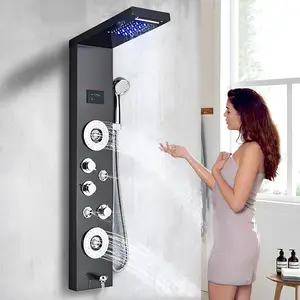 Shower Panels Tower System, 304 Stainless Steel Bathroom Shower Panel System with 4 Body Jets, Rainfall, Waterfall, Handheld Shower, Tub Faucet (Black, Brushed Nickel)