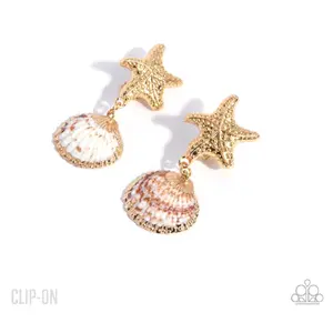 Coastal Craze Gold Clip-On Earrings with Starfish and Shell Charms for Beachwear