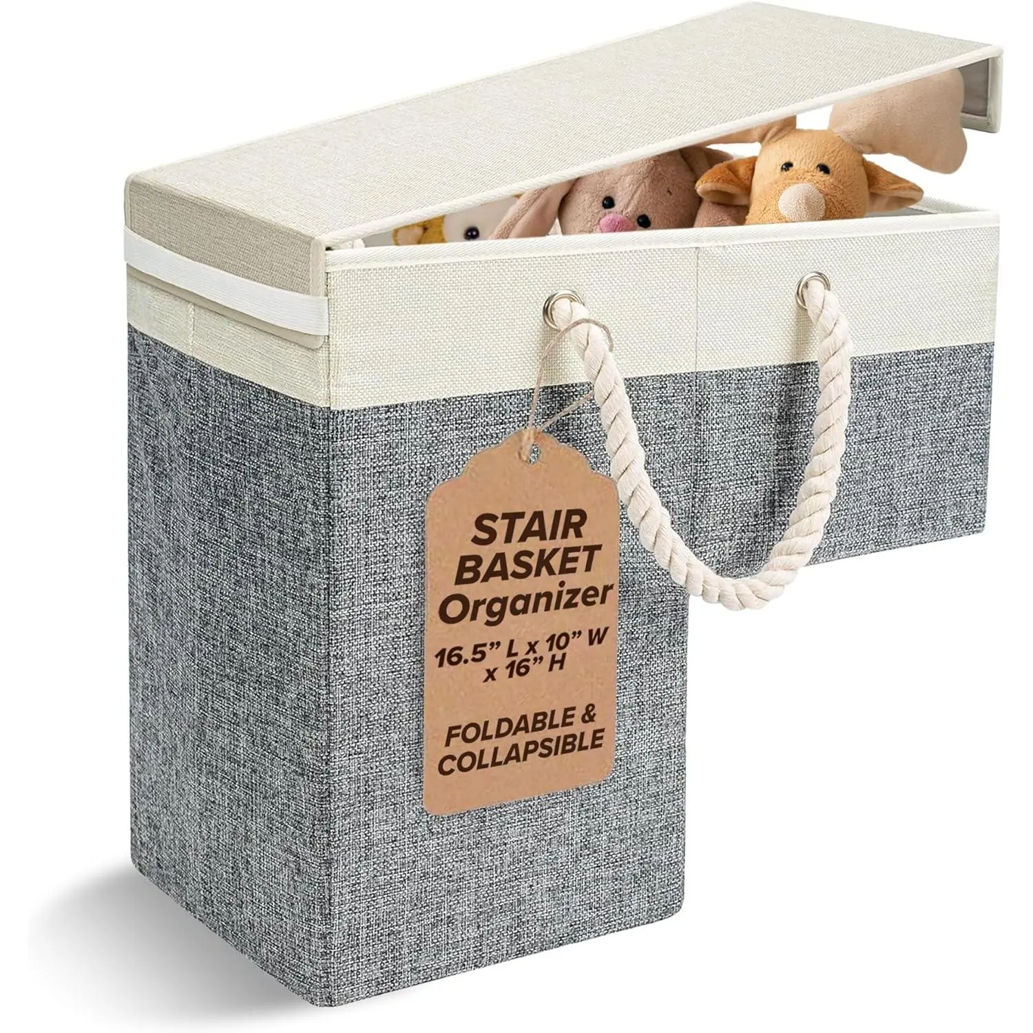 2 PACK | Stair Basket Organizer with Top Lid for Carpeted Stairs & Wooden Staircases. Versatile Sturdy Linen Storage Bag for Climbing, Laundry & Shoe