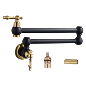 WOWOW Solid Brass Wall Mount Pot Filler, Single-Hole Kitchen Faucet with Rotatable Arm, 2 Aerators, Brass Valve, Double Handles, Black and Gold Water-Saving Fixture