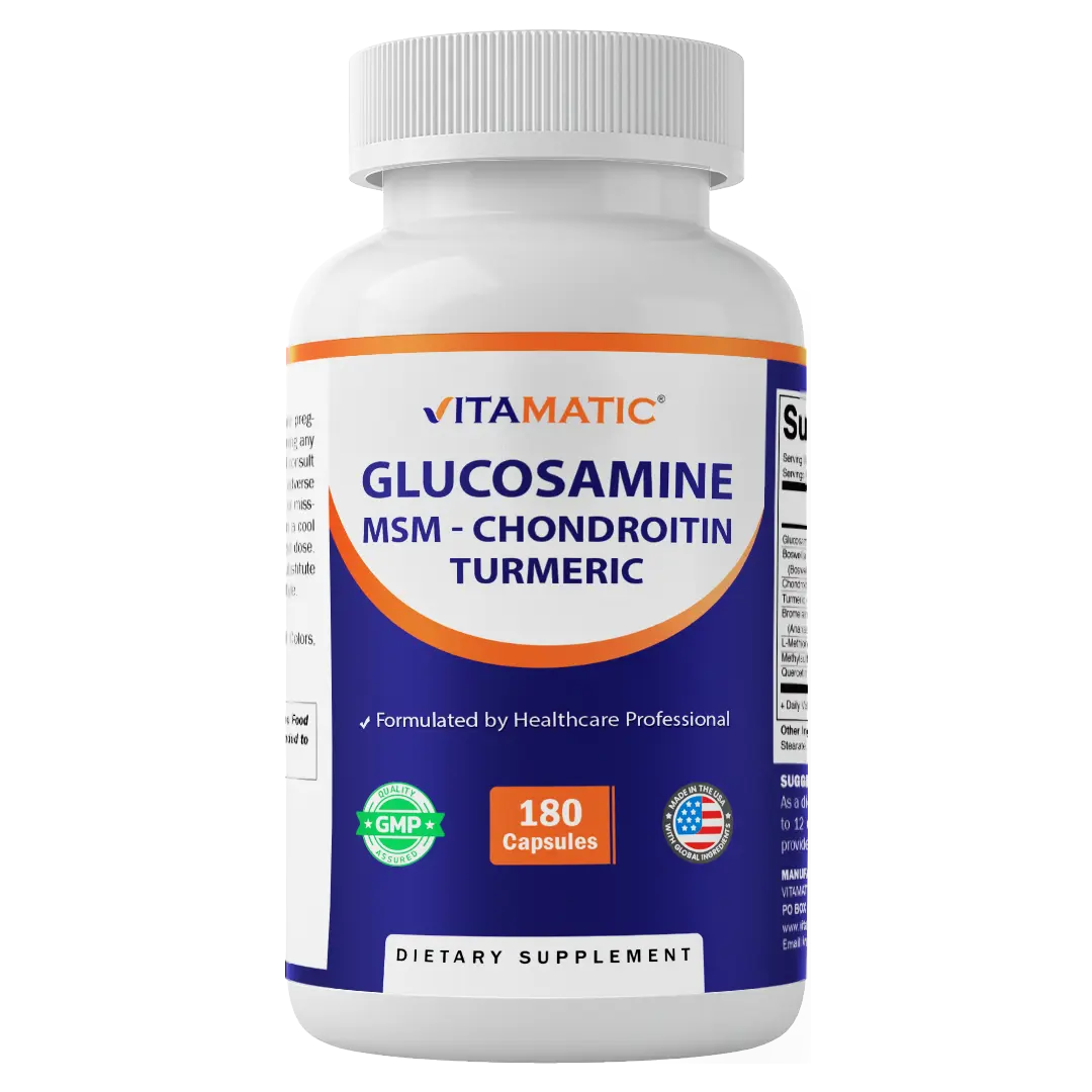 Vitamatic Glucosamine+Chondroitin MSM Boswellia Extract (65% Boswellic Acids) Healthcare Edible Supplement - 180 Shellfish-Free, Non-GMO Veggie Capsules, Sugar-Free Joint Support for Adults