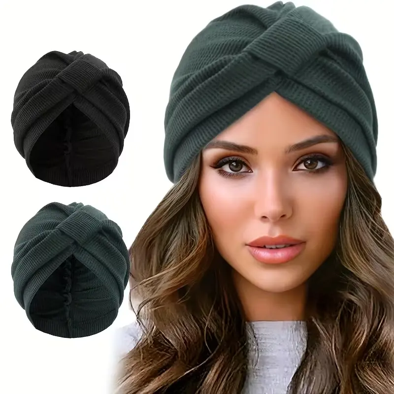 2pcs Set Women's Thickened Waffle Square Knotted Turban Head Wrap Cancer Chemo Beanies Cap summerwins