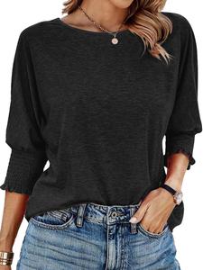 women's plain frill trim shirred batwing sleeve tee, casual 3/4 sleeve round neck t-shirt tshirt for summer, women's top for daily wear, cute tops
