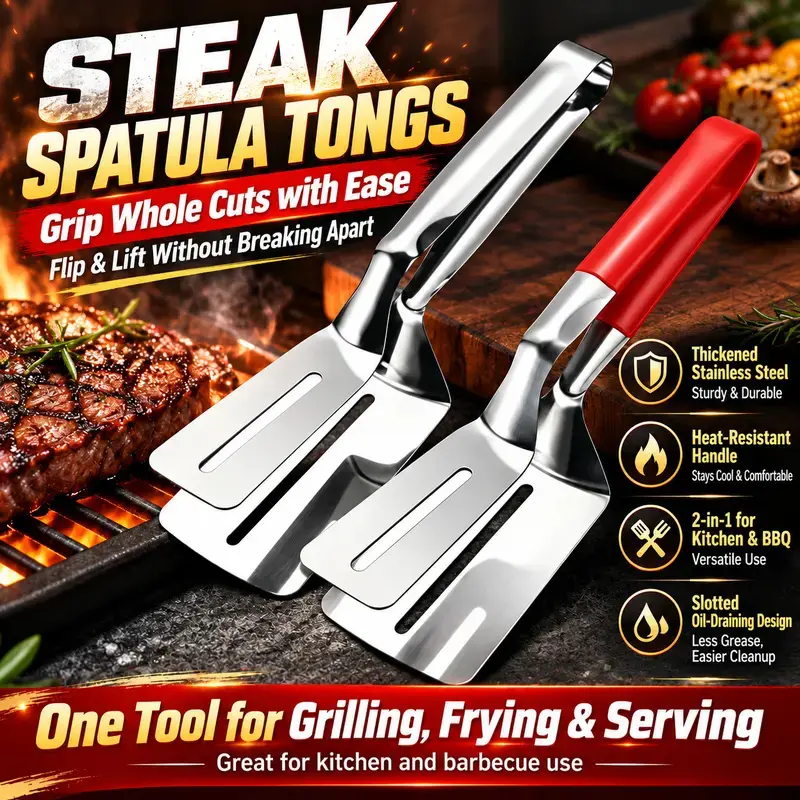 2PCS Stainless Steel Grill Spatula Tongs, Multi-Function Barbecue Clamp with Extended Anti-Heat Handle, Non-Slip Food Turner for Grilling Meat, Fish, Pancakes, and Outdoor Cooking