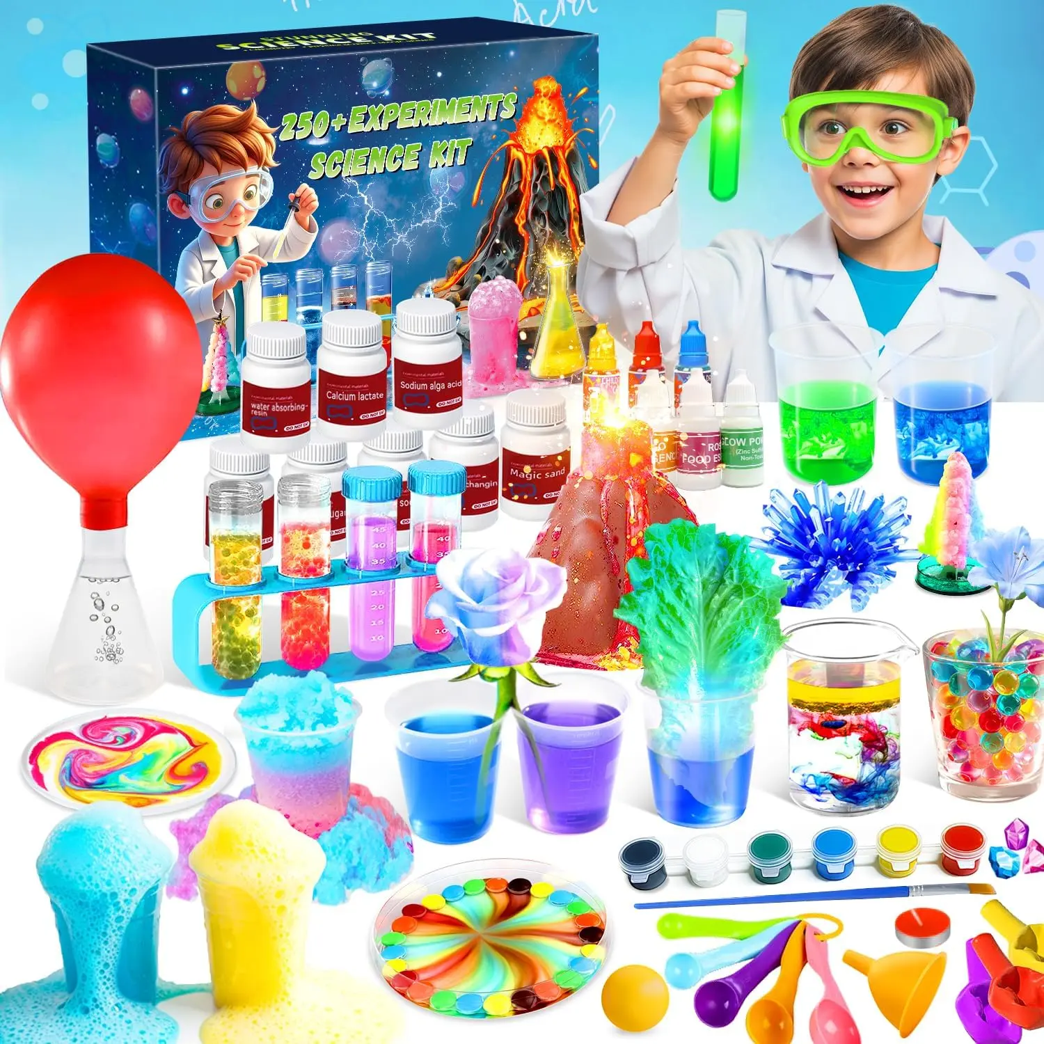 Summer Spring Gift 250+ Experiments Science Kits for Kids, STEM Activities Educational Science Kits Gifts with Chemistry Set, Erupting Volcano and Growing Crystal Tree