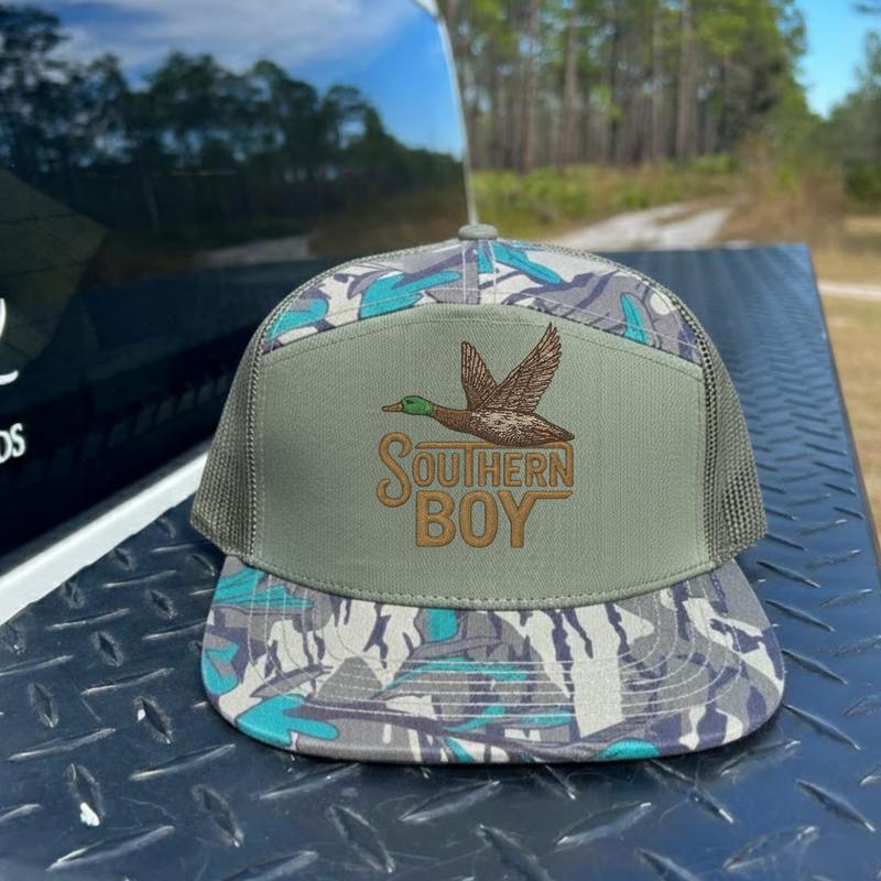 Southern Boy Duck Hat Flying Mallard Embroidered Trucker Cap Camo Brim Snapback Hat for Men Outdoor Southern Style Hunting Hat
