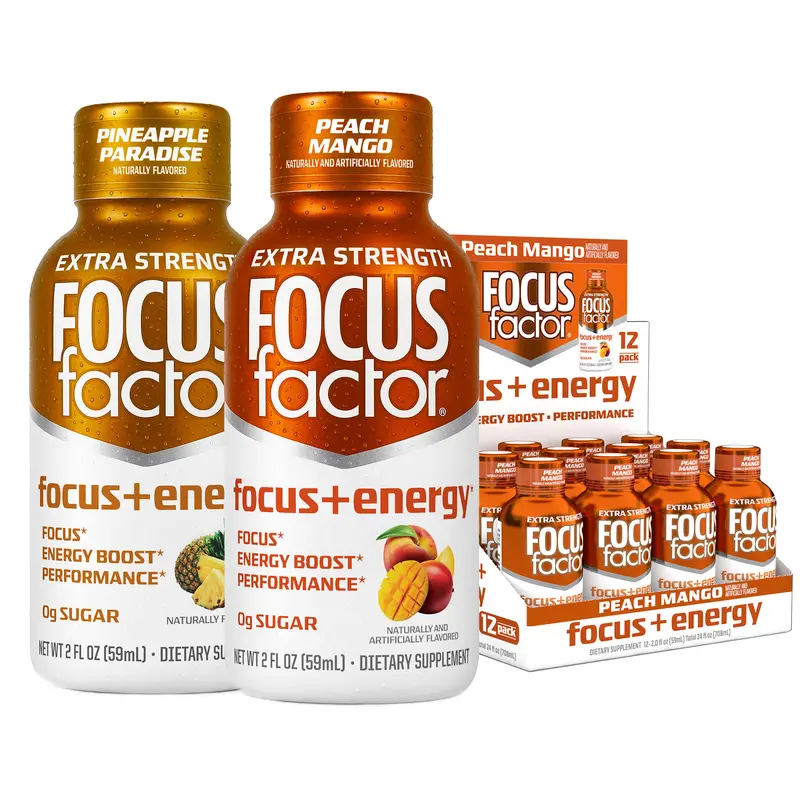 Focus Factor Focus + Energy Shots Extra Strength – Fast Focus, Intense Energy, Performance Support – Pack of 12 – 200mg Caffeine, Nootropics & B-Vitamins