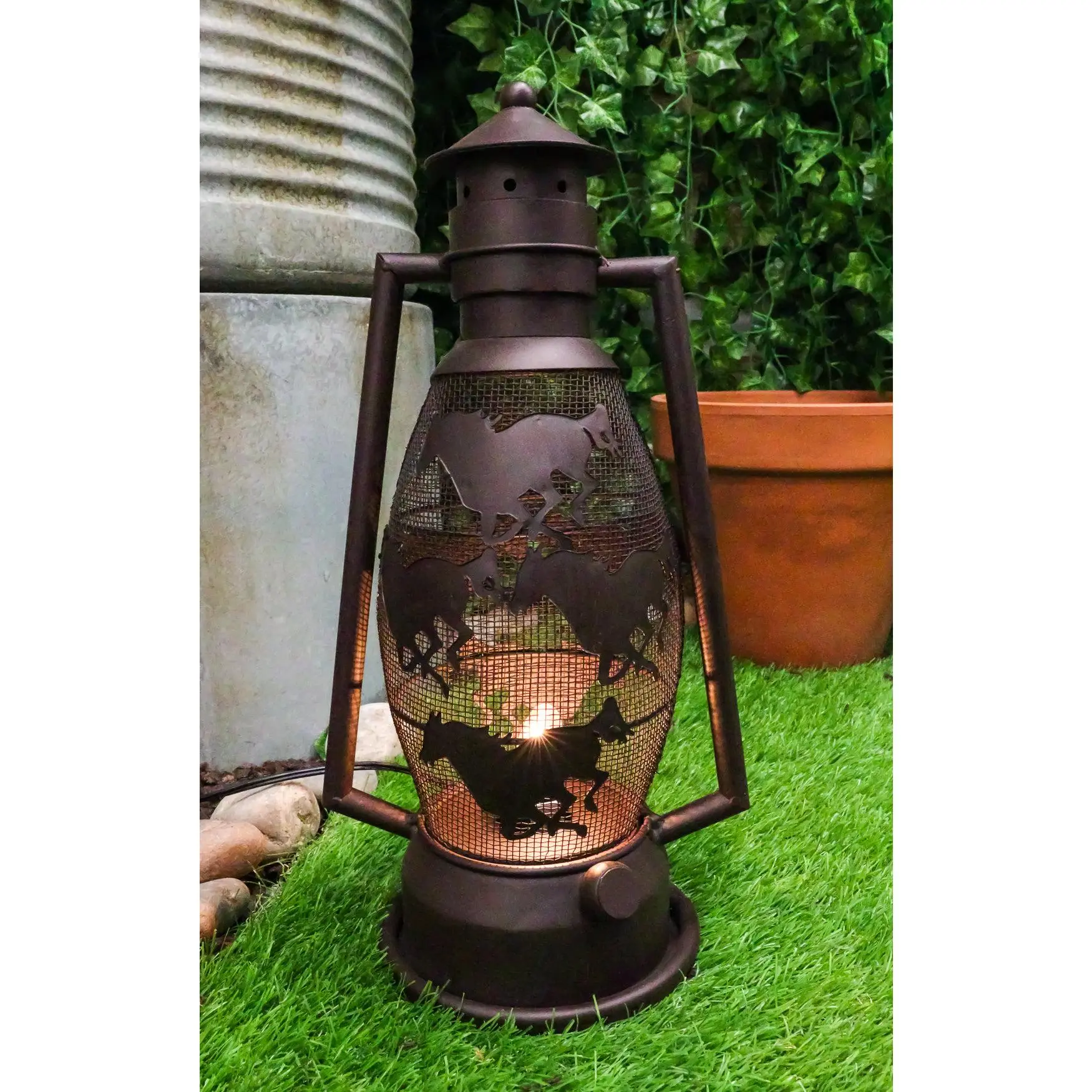 Old Fashioned Rustic Western Horse Electric Metal Lantern Lamp - Cowboy Decor Shadow Caster, Compatible with E26 Nightlight Bulb, 7.5 Watts Home Decor Statue