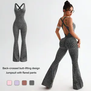 Women's Leopard Print One-Piece Flared Workout Bodysuit, Sexy Hollow Cross Twisted Back Design Fitness Women's Clothing Backless High-Waisted Yoga Jumpsuit stylish activewear Women's Bodycon Workout Tracksuit Set high waist flare leg pant sporty yoga set